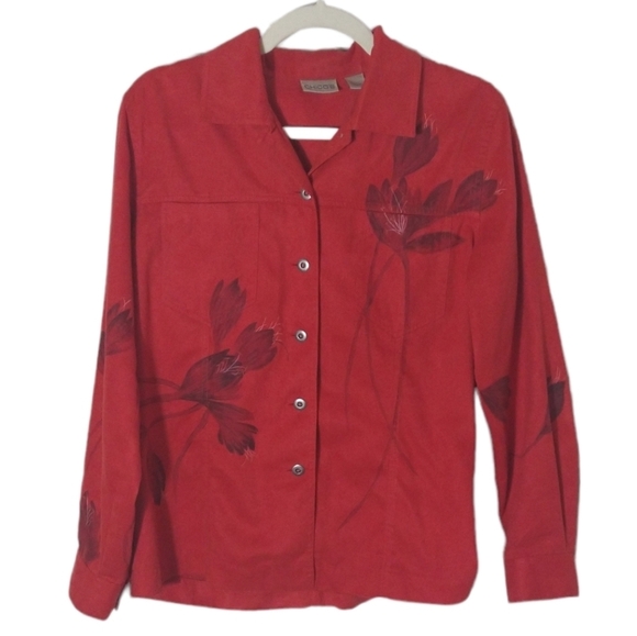 Chico's size 1 brushed polyester floral button down shirt top blouse Medium Red - Picture 6 of 7